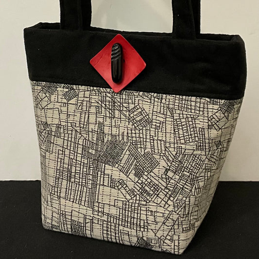Bag Black & White Crossroads Fabric with Black Microsuede Handles