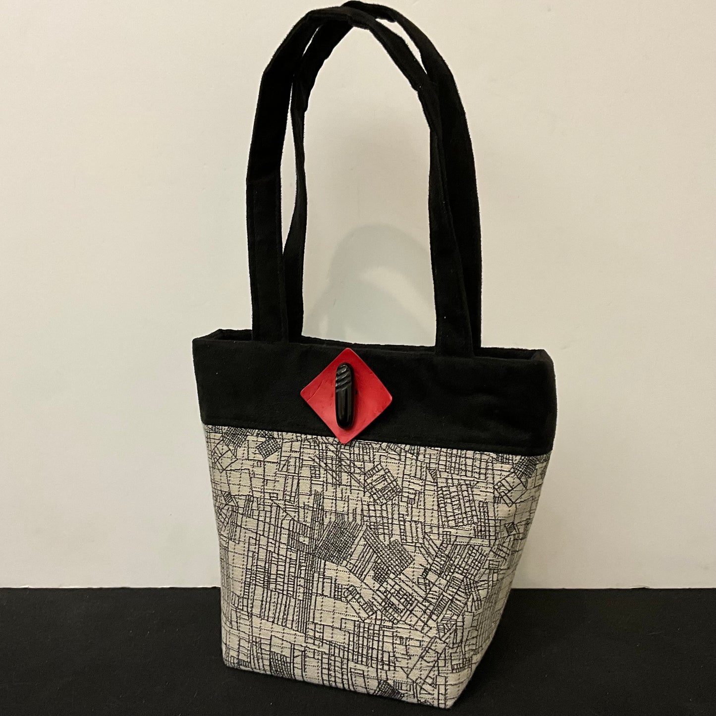 Bag Black & White Crossroads Fabric with Black Microsuede Handles