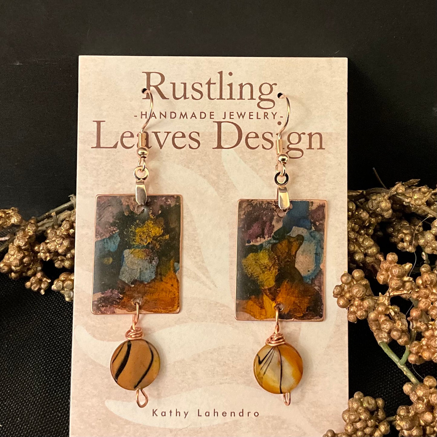 Hand Painted Copper Rectangle Earrings Bronze, Gold, Blue & Purple