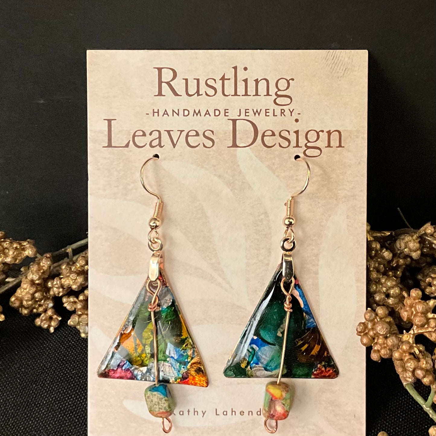 Hand Painted Copper Triangle Earrings Bronze, Gold, Blue & Green