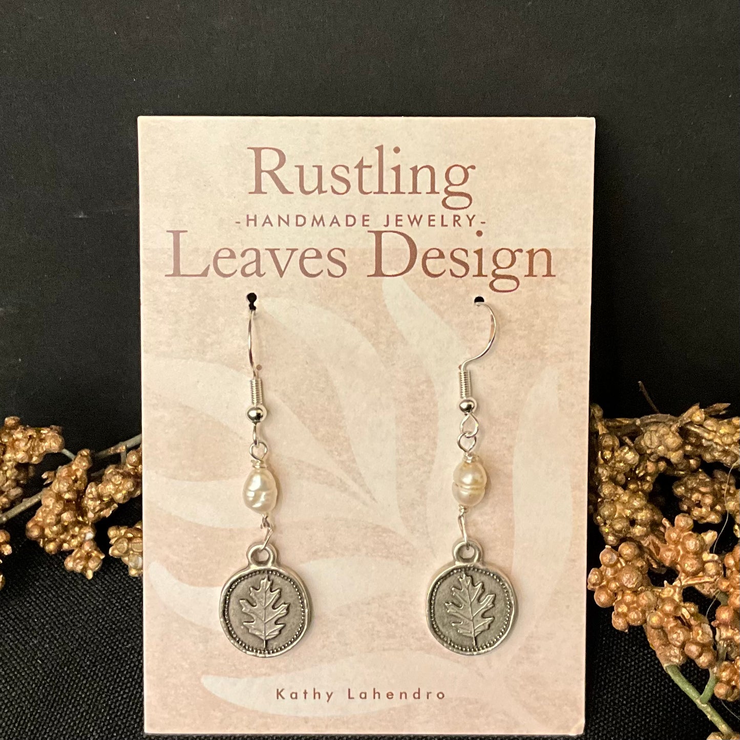 Petite Pewter Earrings Oak Leaf Design w Fresh Water Pearl