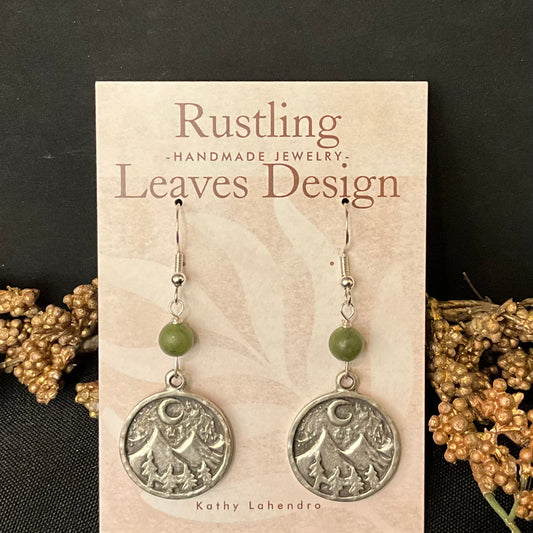 Pewter Disc Earrings Mountains & Crescent Moon Design