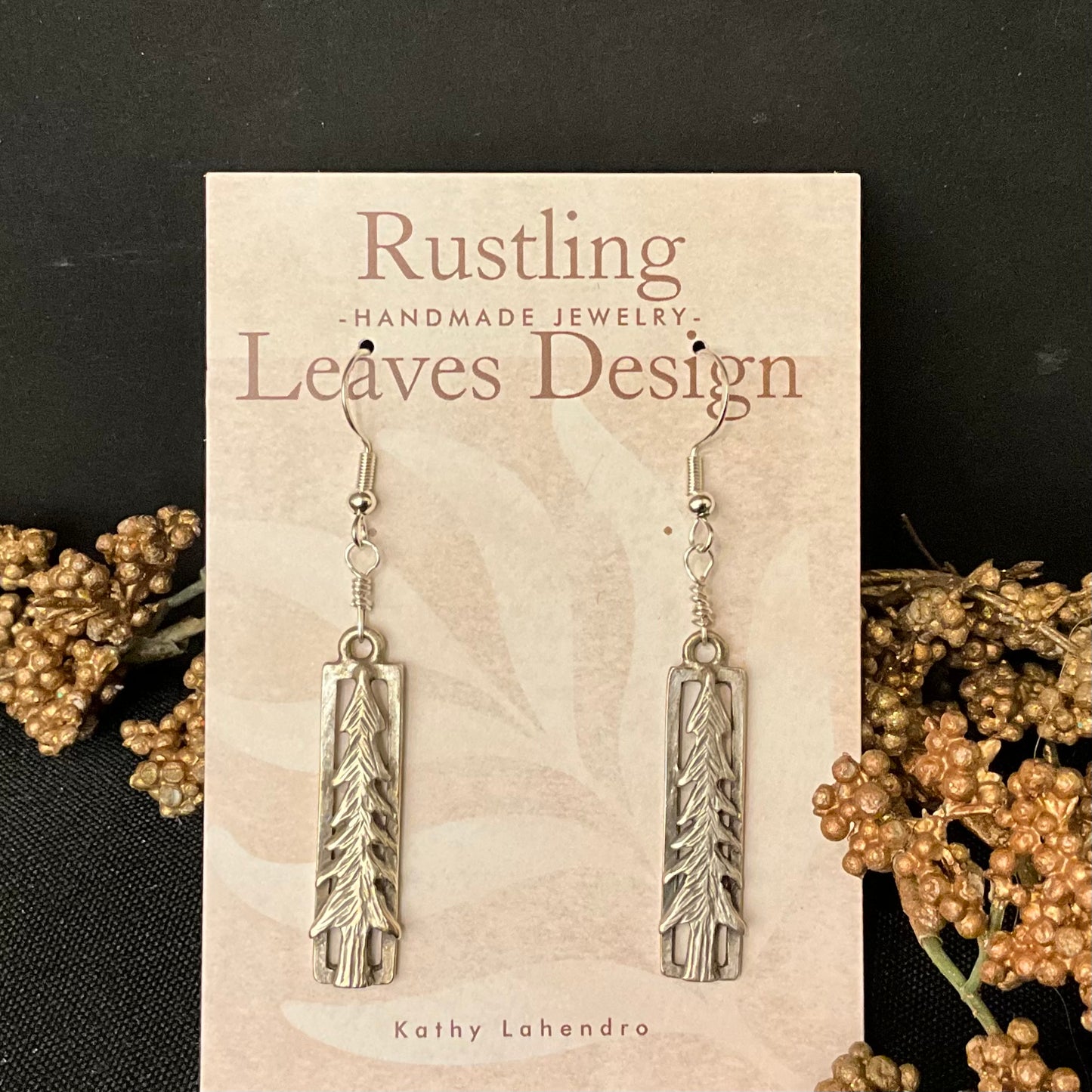 Thin Rectangle Pewter Earrings with Evergreen Tree Design