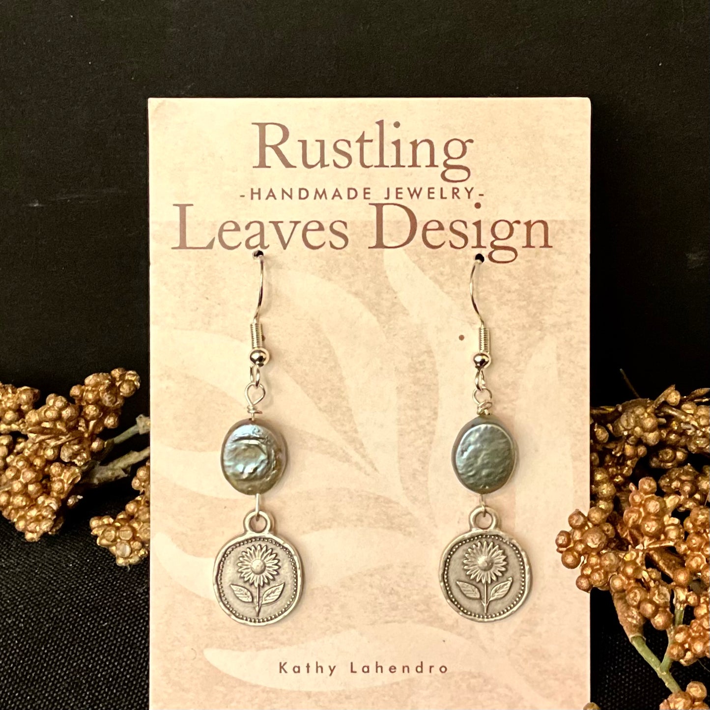 Petite Pewter Earrings w Flower Design & “Peacock” Freshwater Pearls