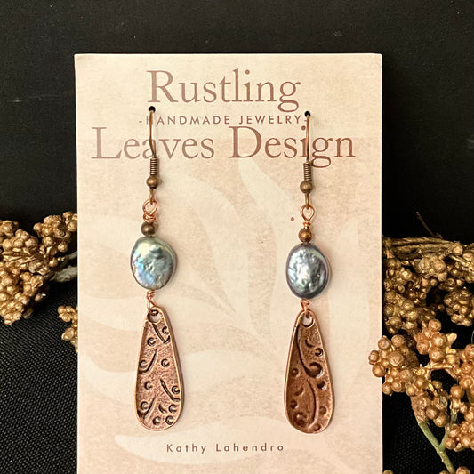 Narrow Copper Teardrop Earring w Freshwater Pearl