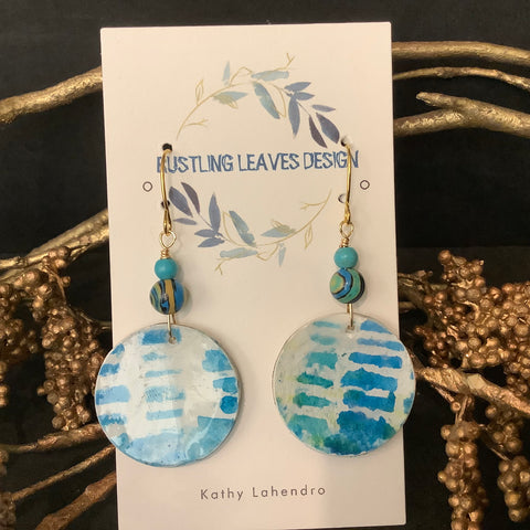 Resin and Paper Earrings Teal White Disc