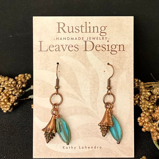 Drop Earrings Copper Shell Shape & Flat Teal Glass Beads