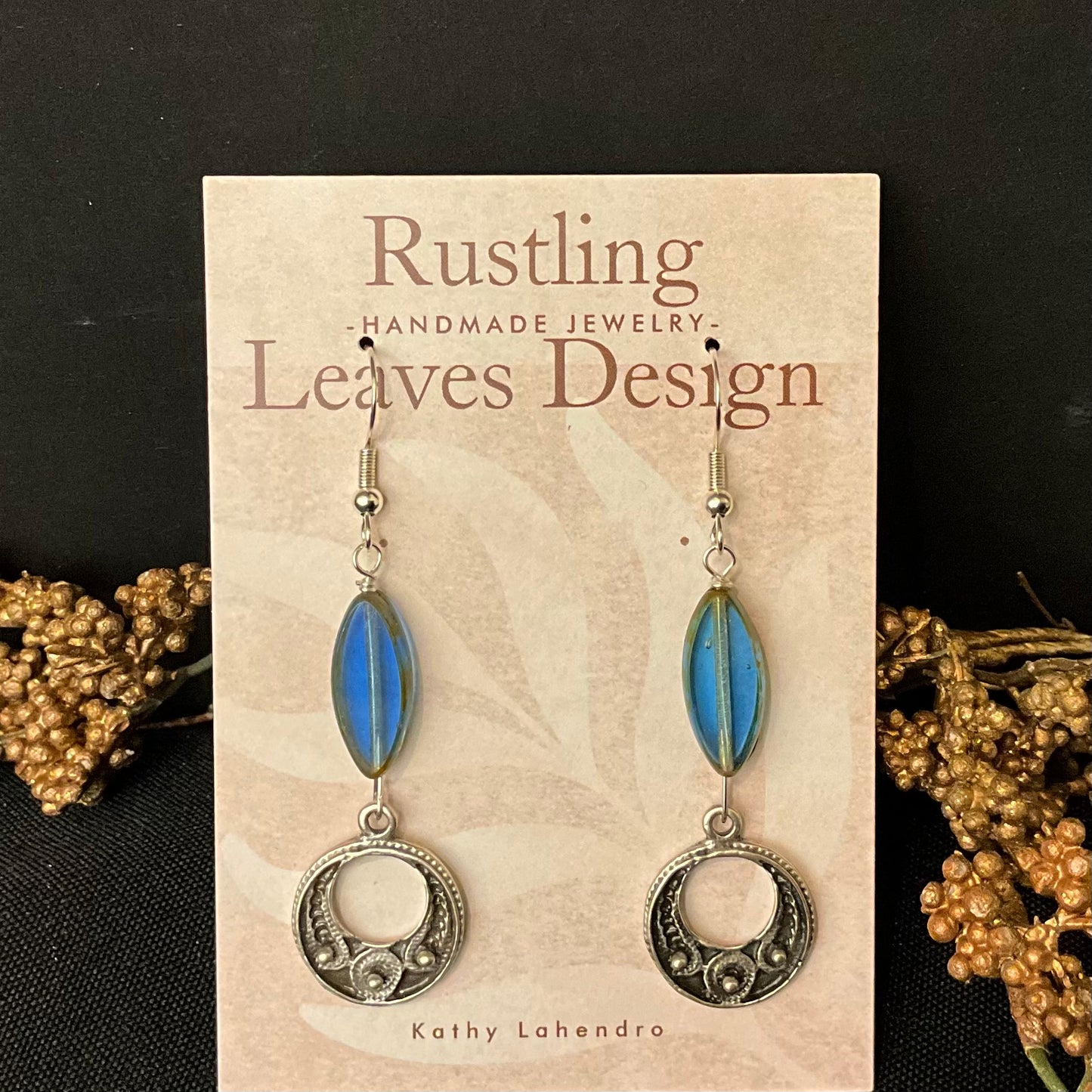 Pewter Asymmetrical Hoop Earrings w Blue Glass Bead