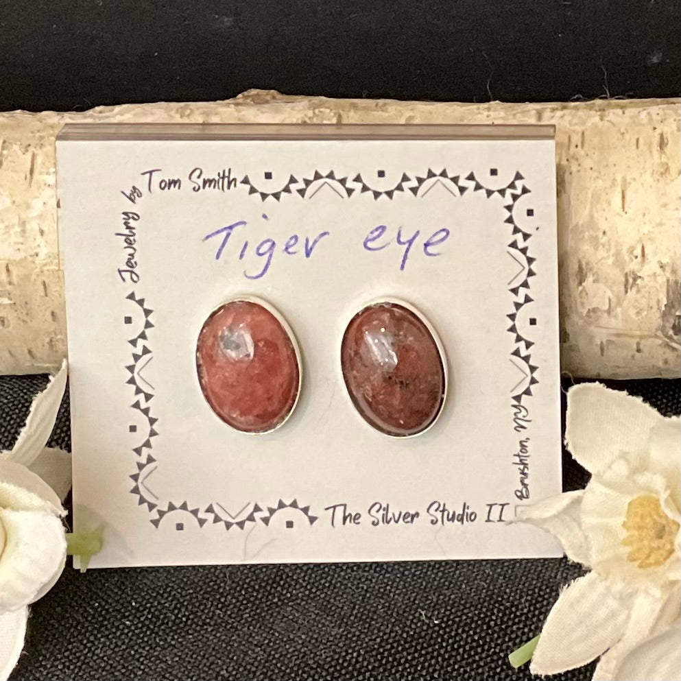 8x10 Silver Post Earrings Tiger Eye