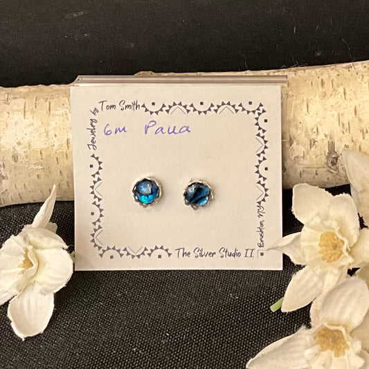 6mm Silver Post Earrings Blue Paua