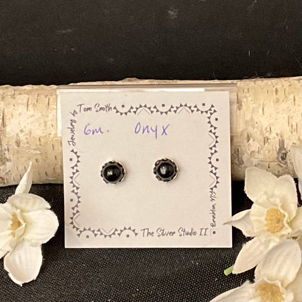 6mm Silver Post Earrings Black Onyx