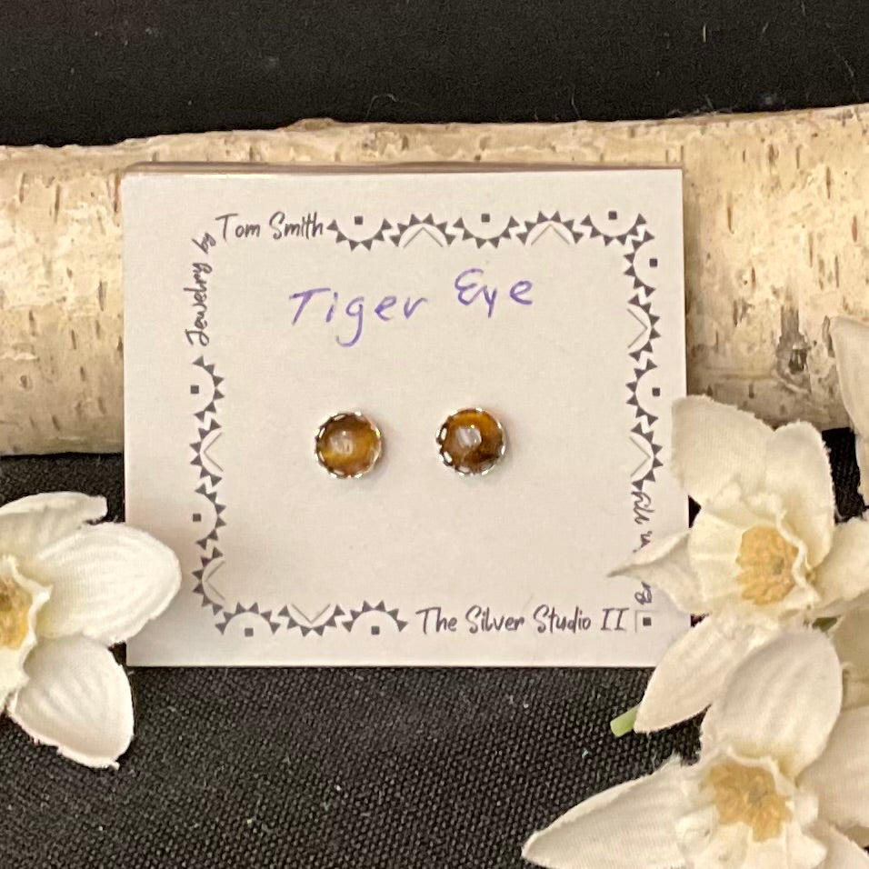 6mm Silver Post Earrings Tiger Eye