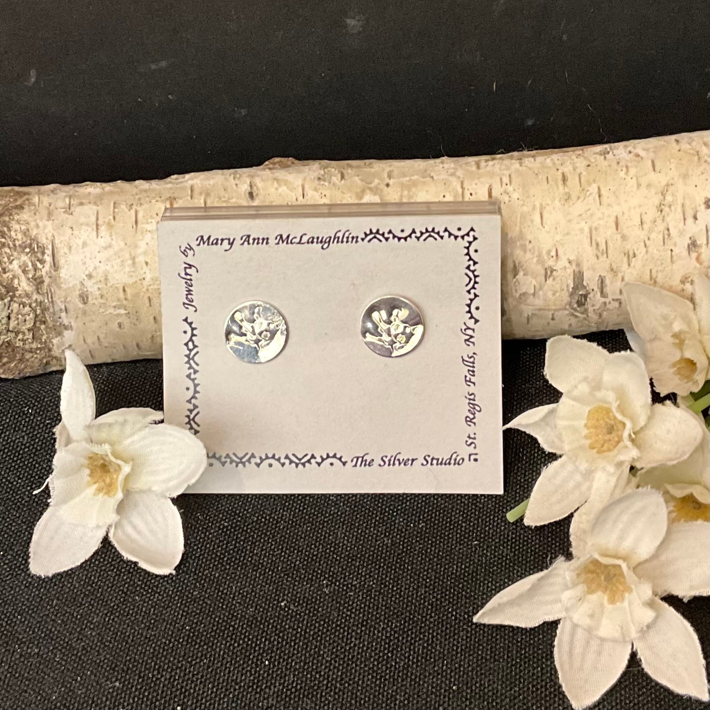 3/8” Stamped Disc Silver Post Earrings “Splash” Design