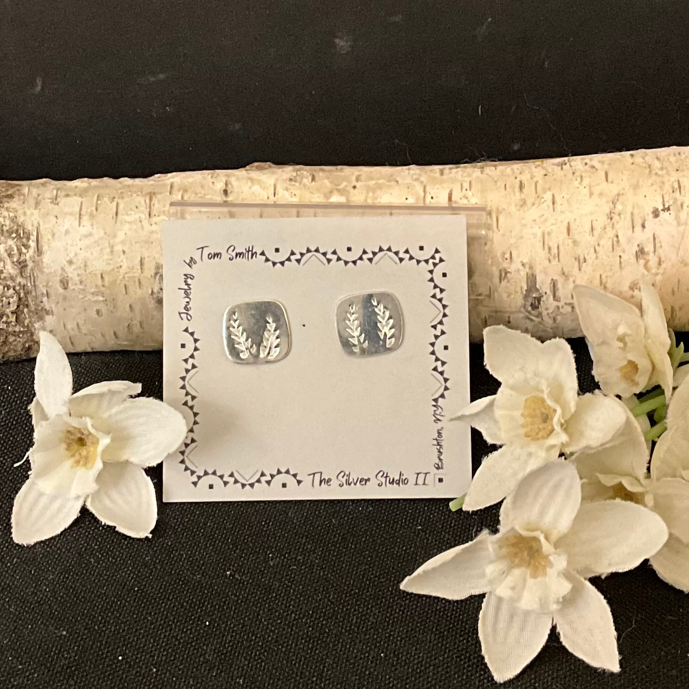 3/8” Stamped Square Silver Post Earrings Fern Design