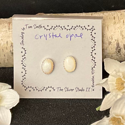 8x6 Silver Post Earrings Crystal Opal