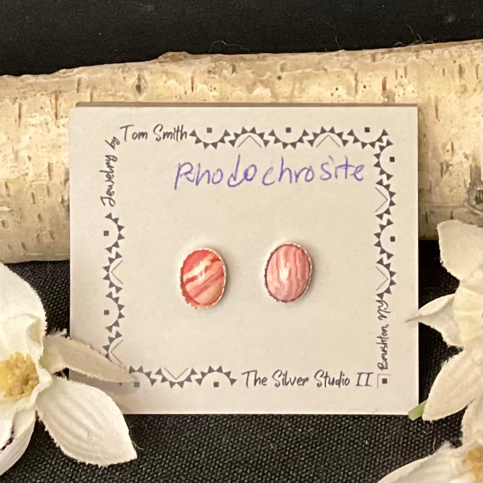 8x6 Silver Post Earrings Rhodochrosite