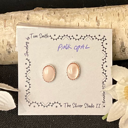 8x6 Silver Post Earrings Pink Opal