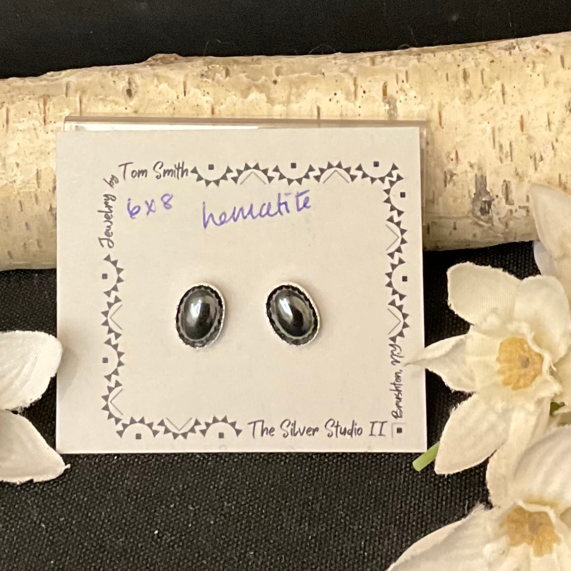 8x6 Silver Post Earring Hematite