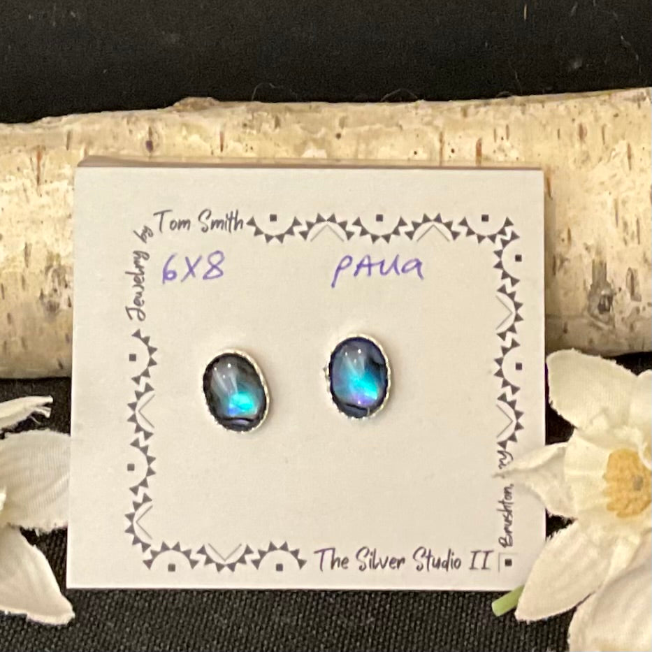 8x6 Silver Post Earrings Blue Paua