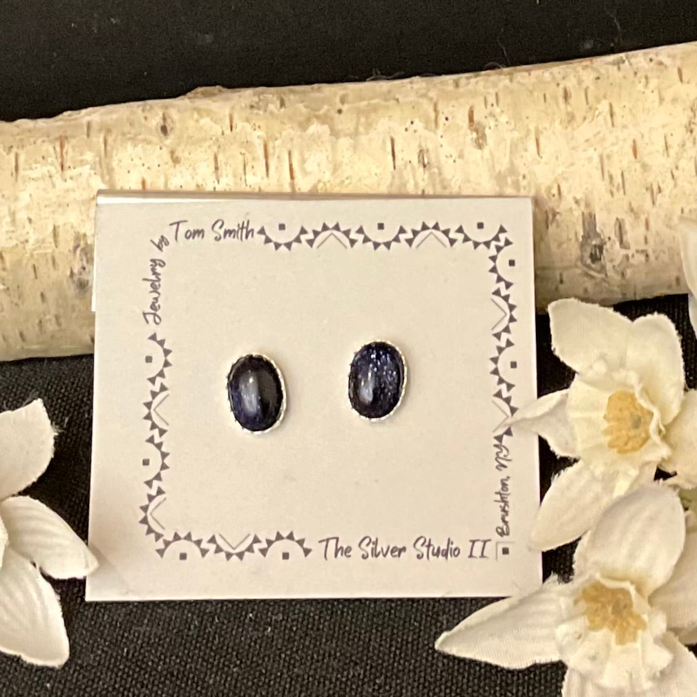 8x6 Silver Post Earrings Blue Goldstone