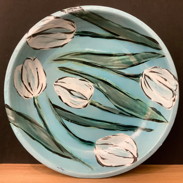 Pie Plate Dark Aqua with White Tulips