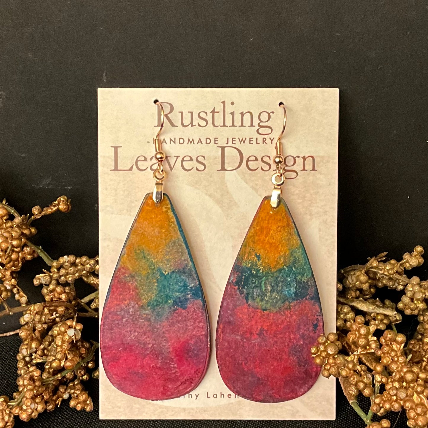 “Hombre” Large Teardrop Earrings Pinks, Blue and Orange