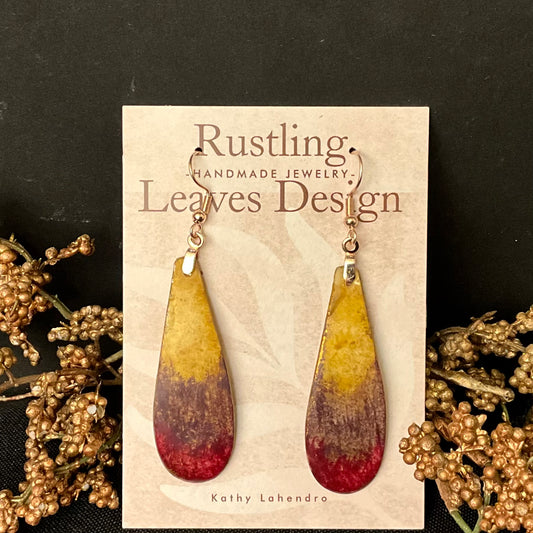 “Hombre” Long, Narrow Teardrop Earrings in Pinks, Purple & Yellow