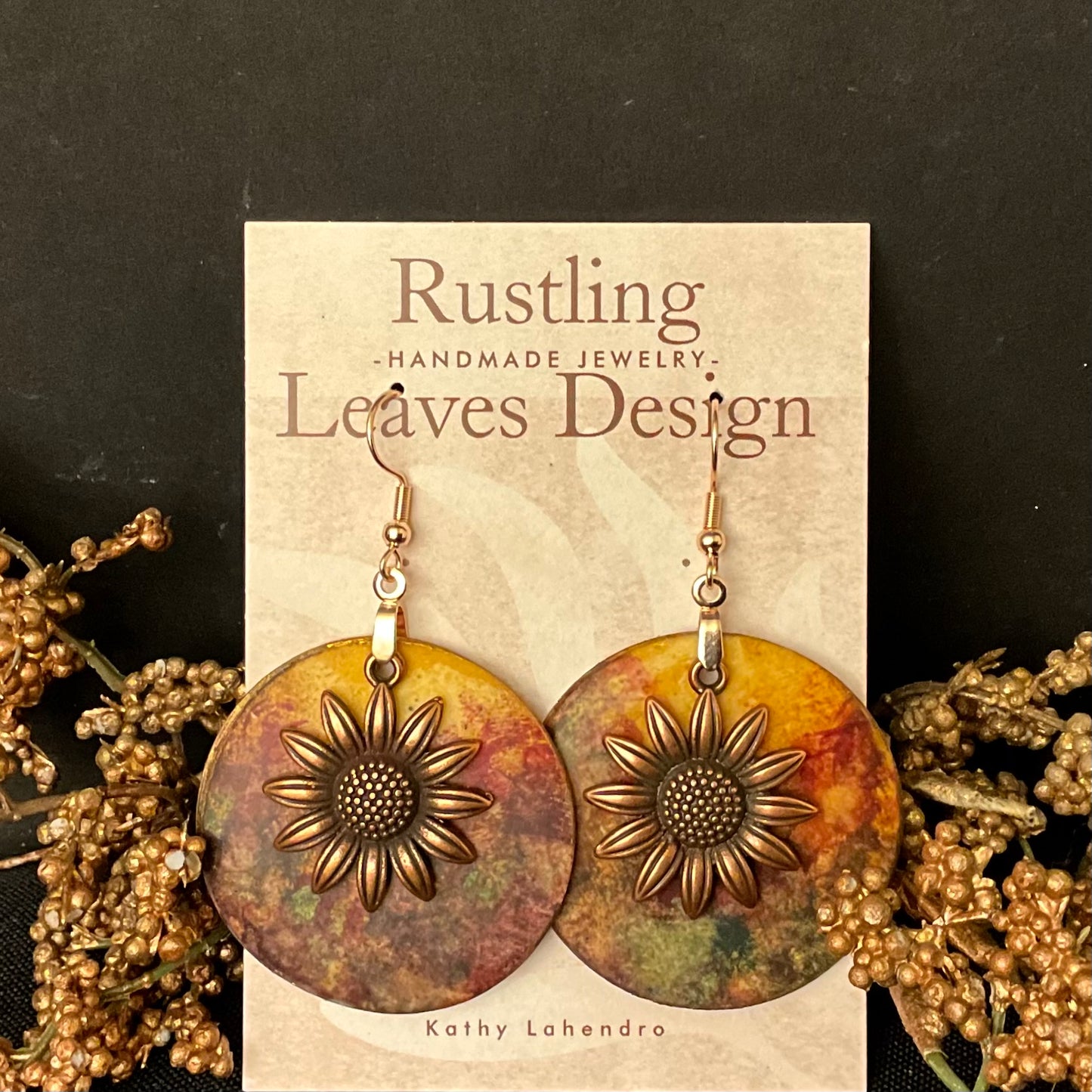 “Twilight Garden”Large Disc Earrings with Copper Sunflower Overlay