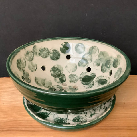 Footed Berry Bowl in Green & Cream