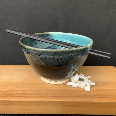 Single Rice Bowl in Black and Turquoise with Chopsticks, Linda Petroccione, DeKalb Junction,  NY