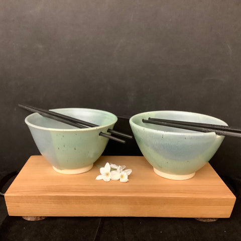 Set of Two Rice Bowls Celadon w Blue Splashes