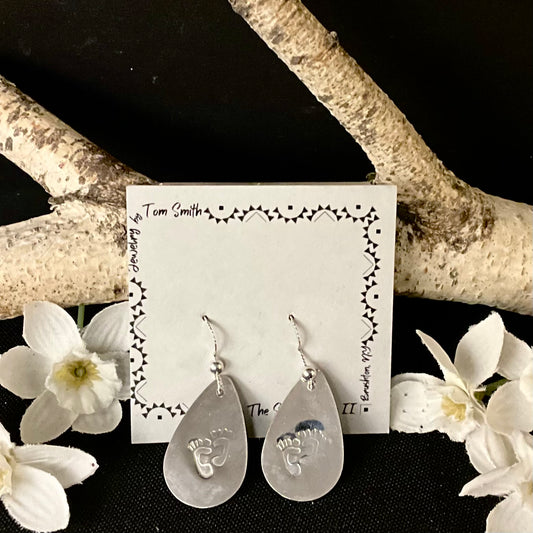 Silver Teardrop Earrings with Stamped Bare Feet Design