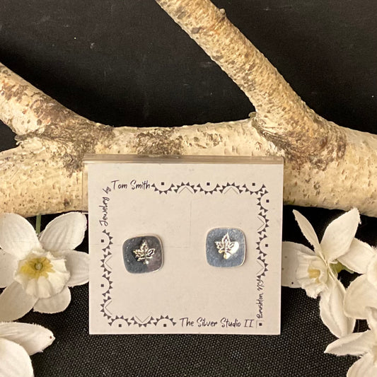 3/8” Stamped Square Silver Post Earrings Maple Leaf Design