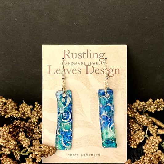 Wavy Indigo & Green Hand Painted Resin Earrings with Swirls