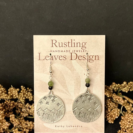 Large Pewter Disc Earrings with Mountains Design
