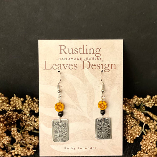 Petite Pewter Rectangle Sunflower Earrings with Floral Beads