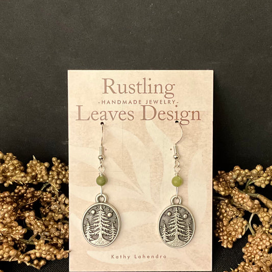 Pewter Disc Earrings with Evergreen Trees & Jade Beads