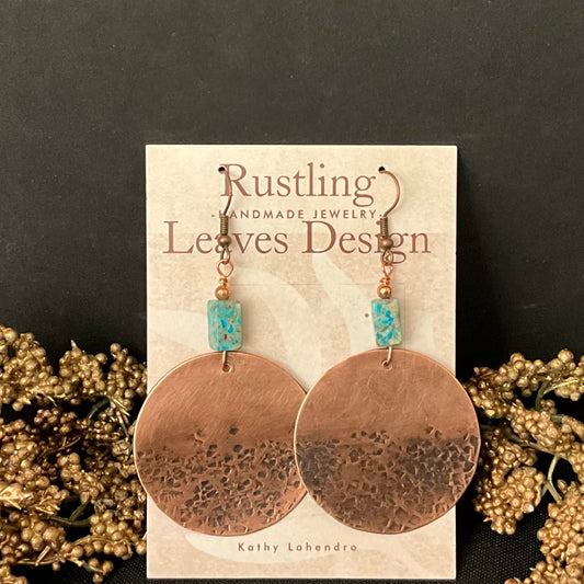 Large Antiqued Copper Disc Earrings with Stone Beads