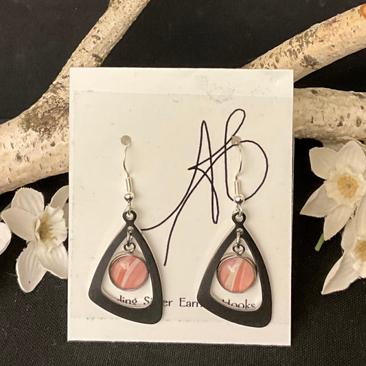 Silver Trapezoid Earrings with Pale Pink Disc