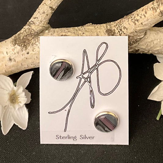 Silver Post Earrings in Gray, Black and Red