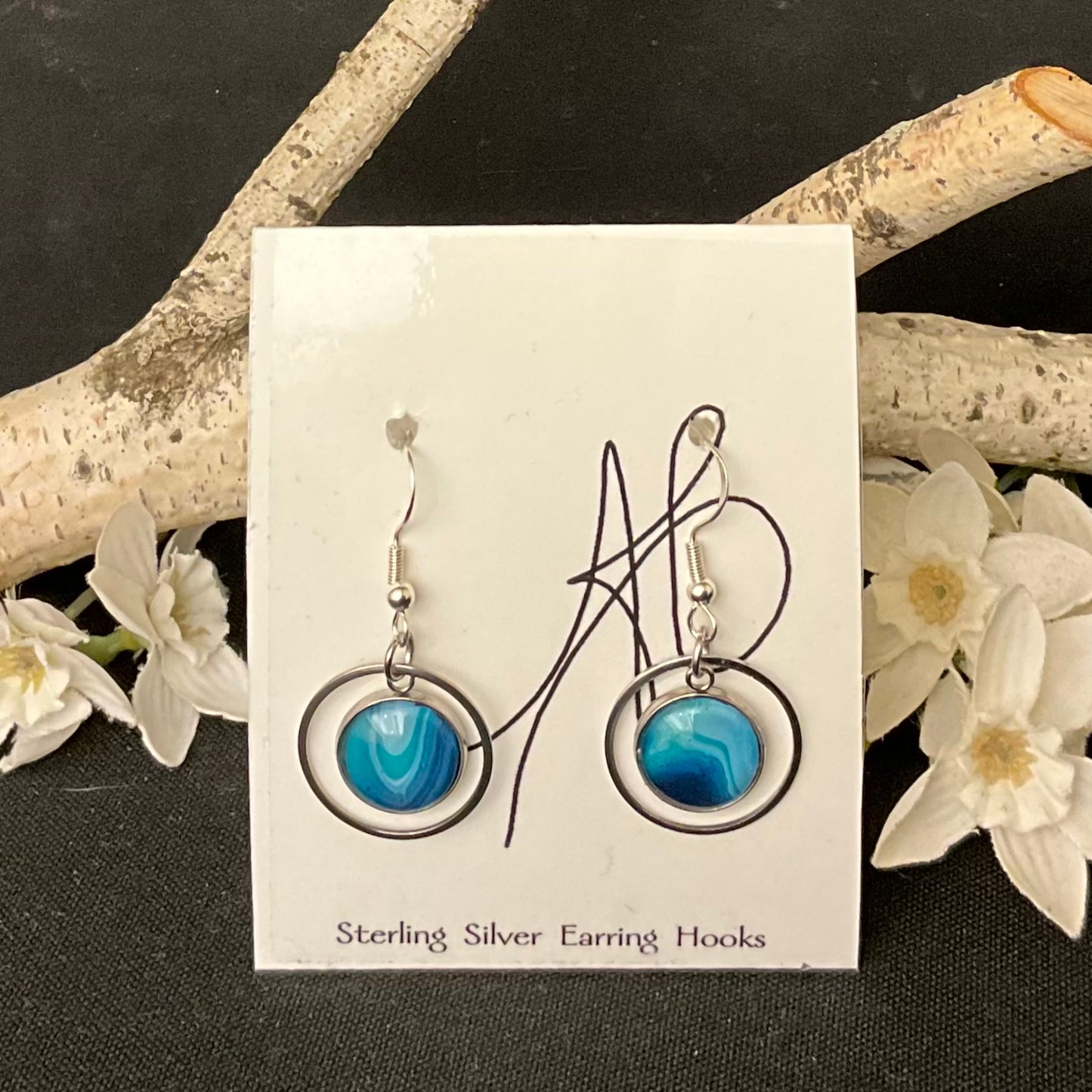 Silver Hoop Earrings with Small Center in Dark Blues