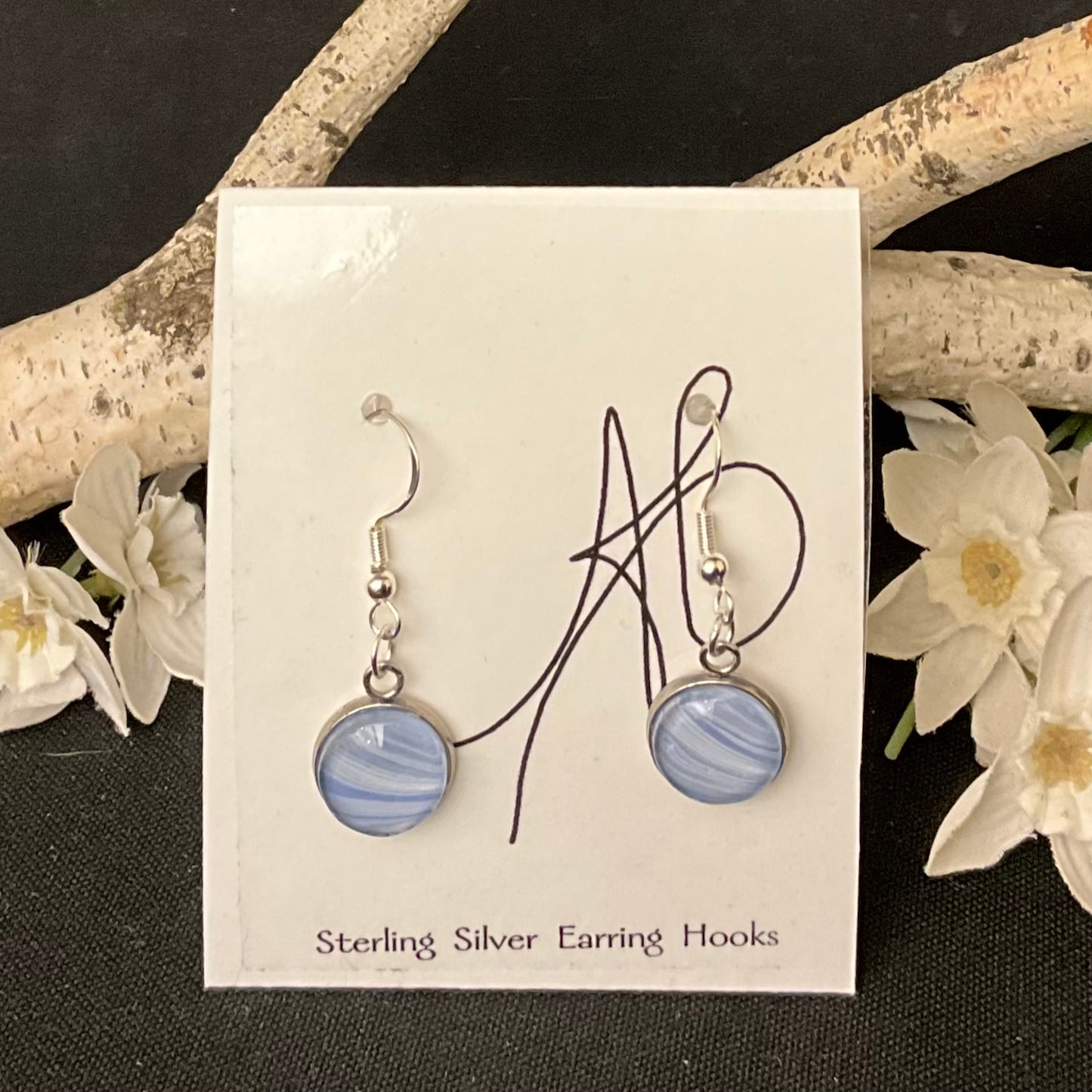 Silver Earrings with Pale Blue Discs
