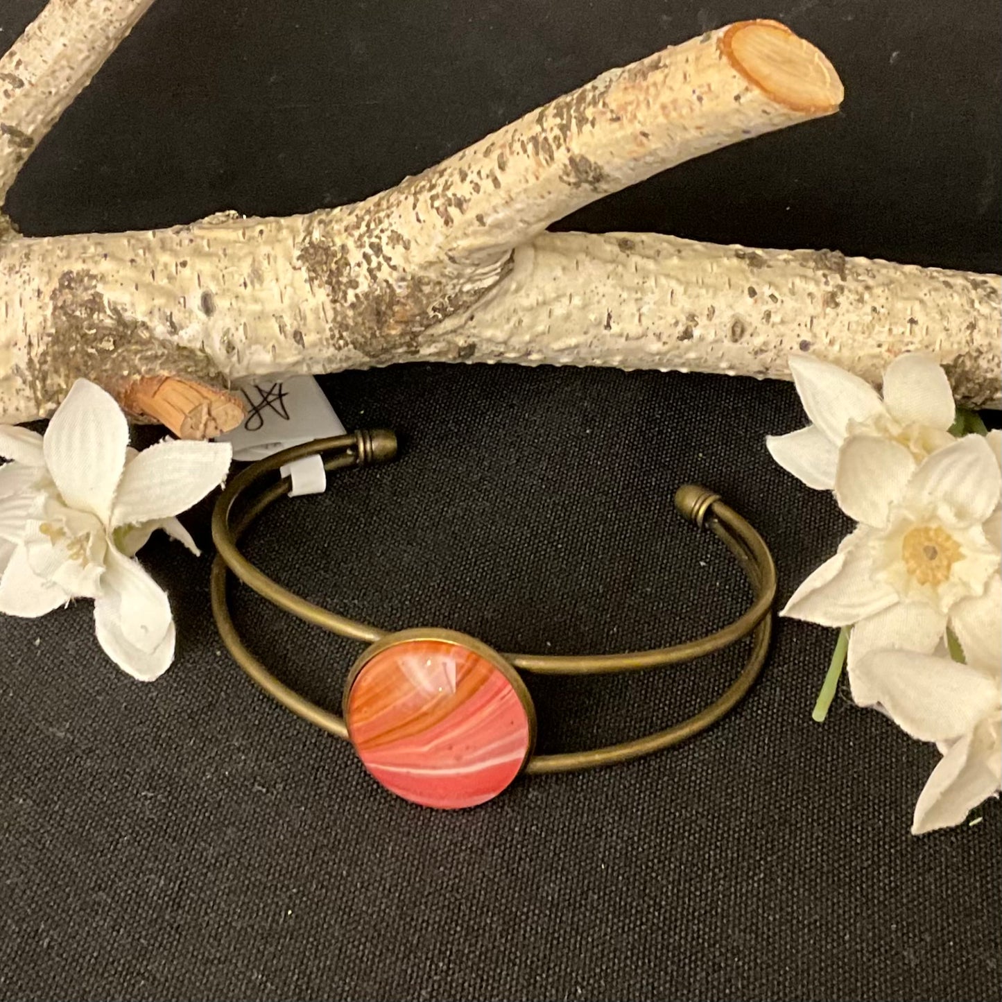 Copper Bracelet with Small Disc in Muted Coral Pinks