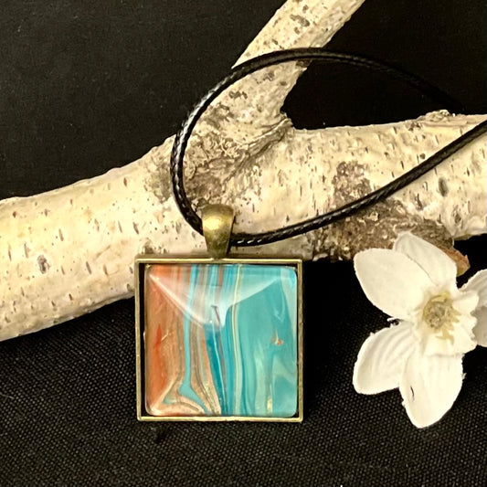 Square Necklace in Teal and Terracotta