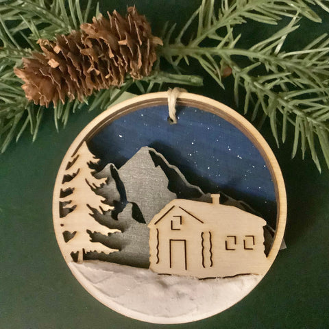 Three Dimensional Die-Cut Wood Winter Cabin Ornament