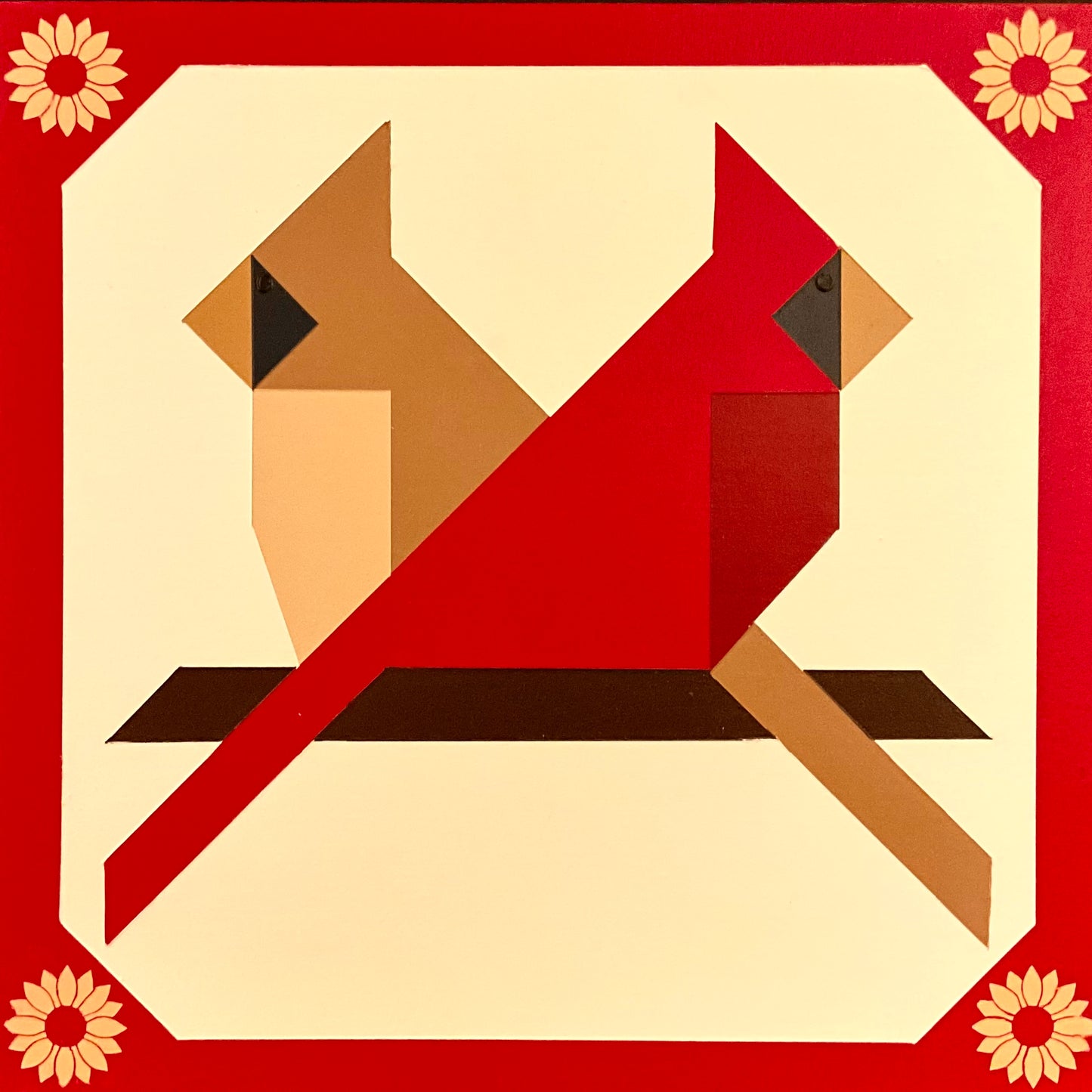 Barn Quilt Cardinal Pair with Sunflower Corners 1' x 1'