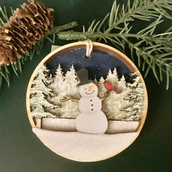 Three Dimensional Die-Cut Wood Snowman Ornament