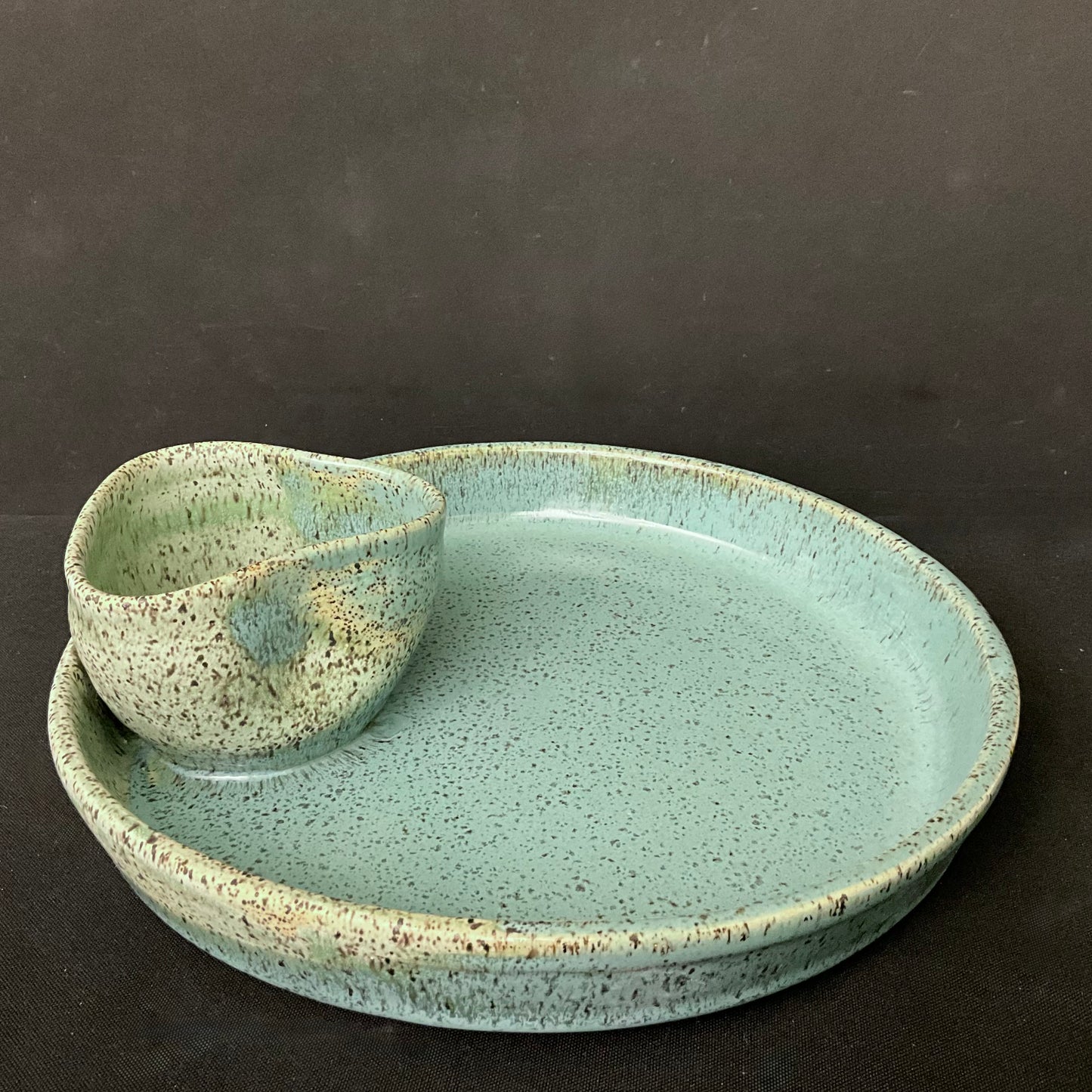 Chip & Dip Platter w Light Green & Turquoise Glaze & Pinched Dip Bowl