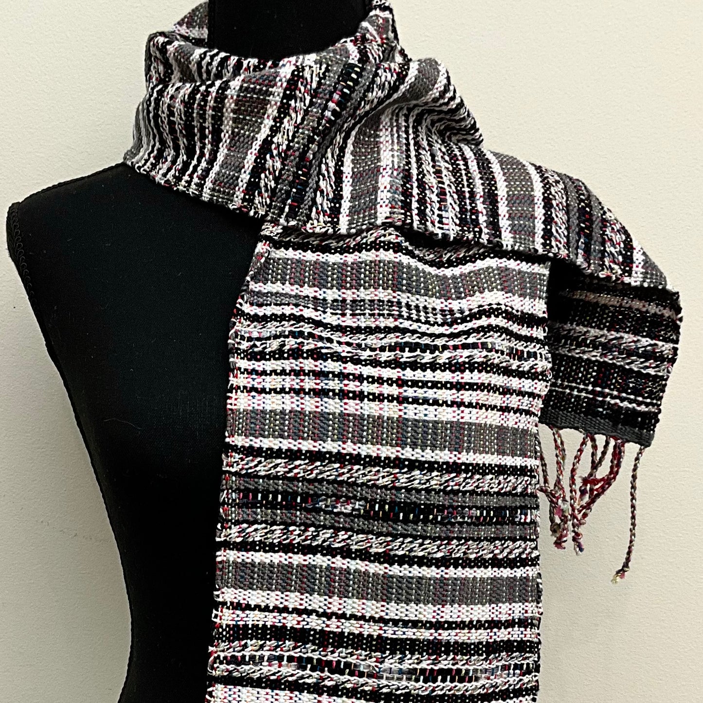 Handwoven “Nora” Scarf N160 Gray, Black, and White