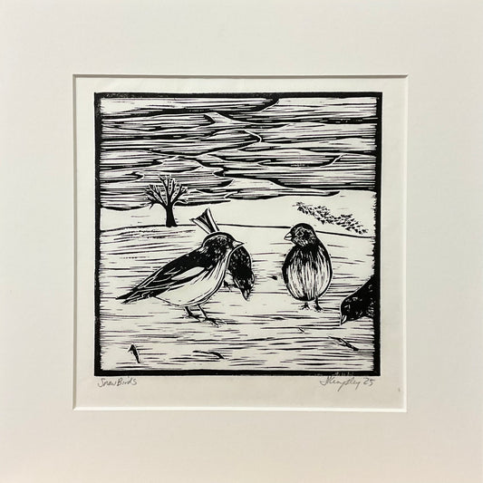 “Snowbirds” Rubber Block Print White Matted